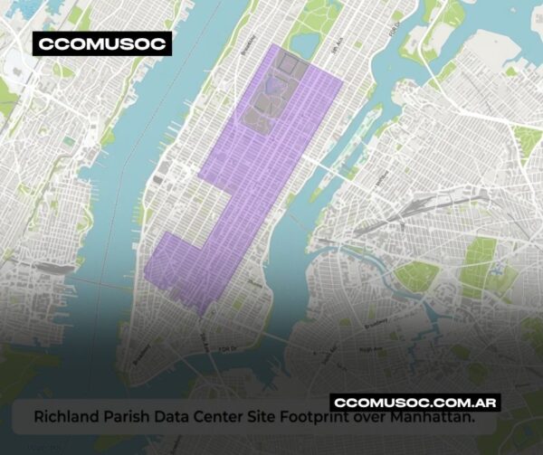 Mapa de Manhattan con el área del centro de datos de Richland Parish resaltada en morado