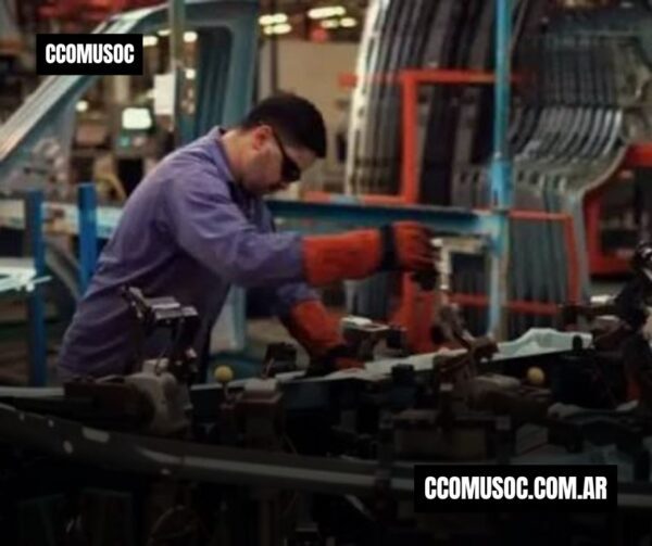 Trabajador en una fábrica manipulando maquinaria con guantes de protección