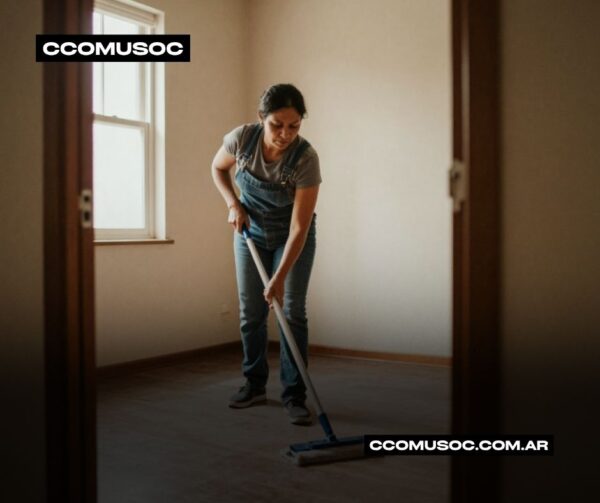 Mujer fregando el suelo en una habitación vacía con una fregona
