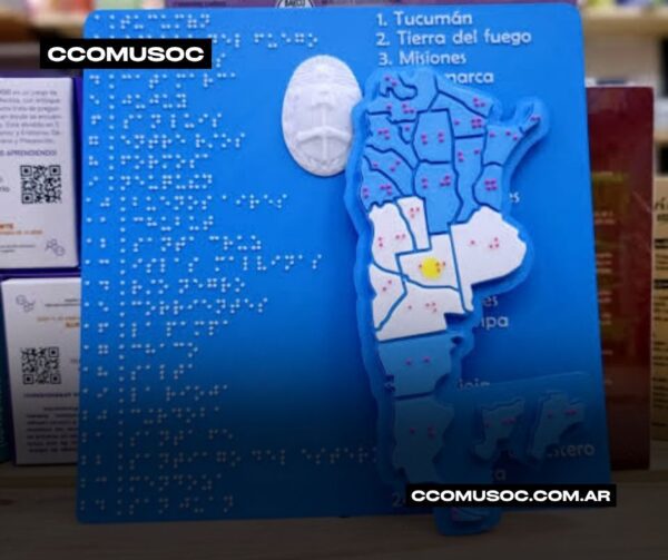 Mapa en relieve de Argentina con provincias señaladas en braille y colores
