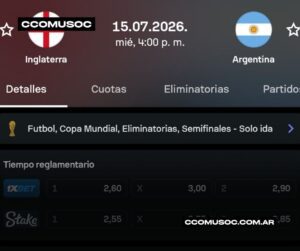 Partido Inglaterra vs Argentina, 15/07/2026 a las 16:00, semifinal de eliminatorias de la Copa Mundial