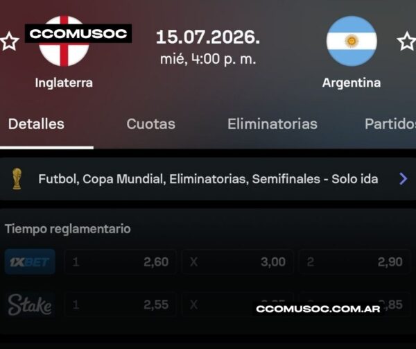 Partido Inglaterra vs Argentina, 15/07/2026 a las 16:00, semifinal de eliminatorias de la Copa Mundial
