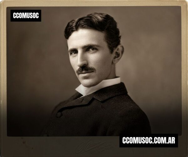 Retrato de Nikola Tesla con traje oscuro y bigote, con marca de agua de CCOMUSOC
