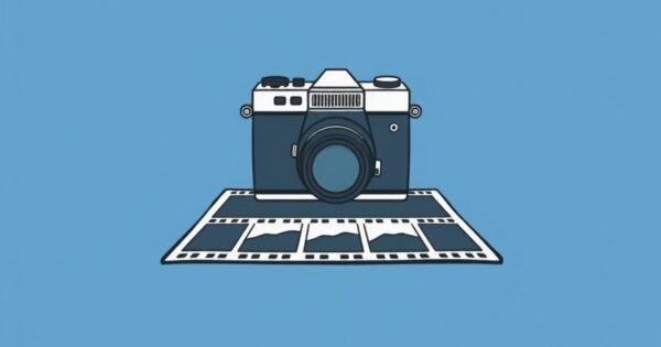 Una cámara de fotos antigua apoyada sobre una tira de negativos en blanco y negro