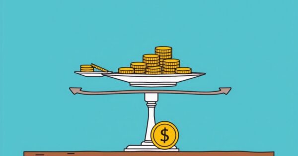 Una balanza antigua sobre un escritorio: en un platillo, una montaña de monedas de oro; en el otro, una sola moneda chiquita, al lado de un candado abierto.